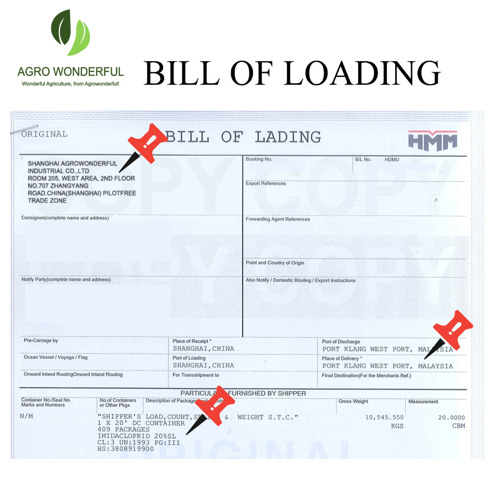 BILL OF LOADING of Imidacloprid 20% SL manufacturer exporter