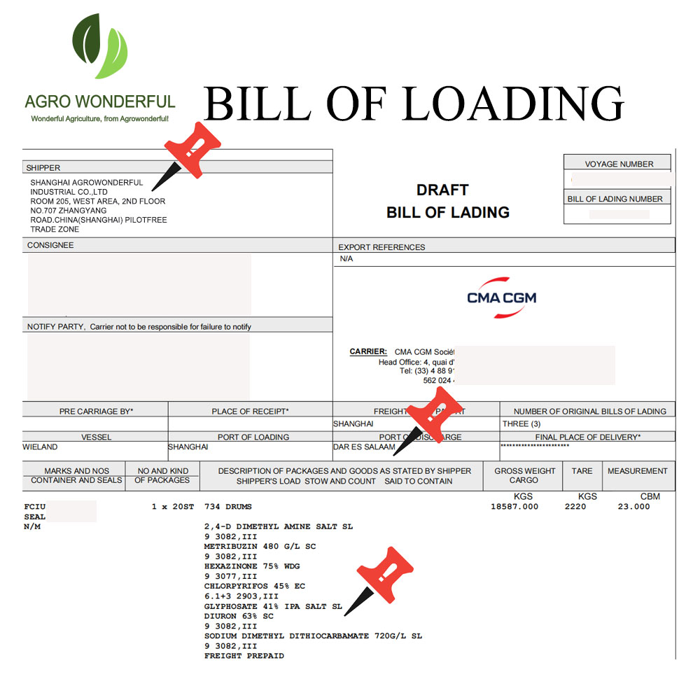 Diuron 63% SC bill of loading BL DAR ES SALAAM