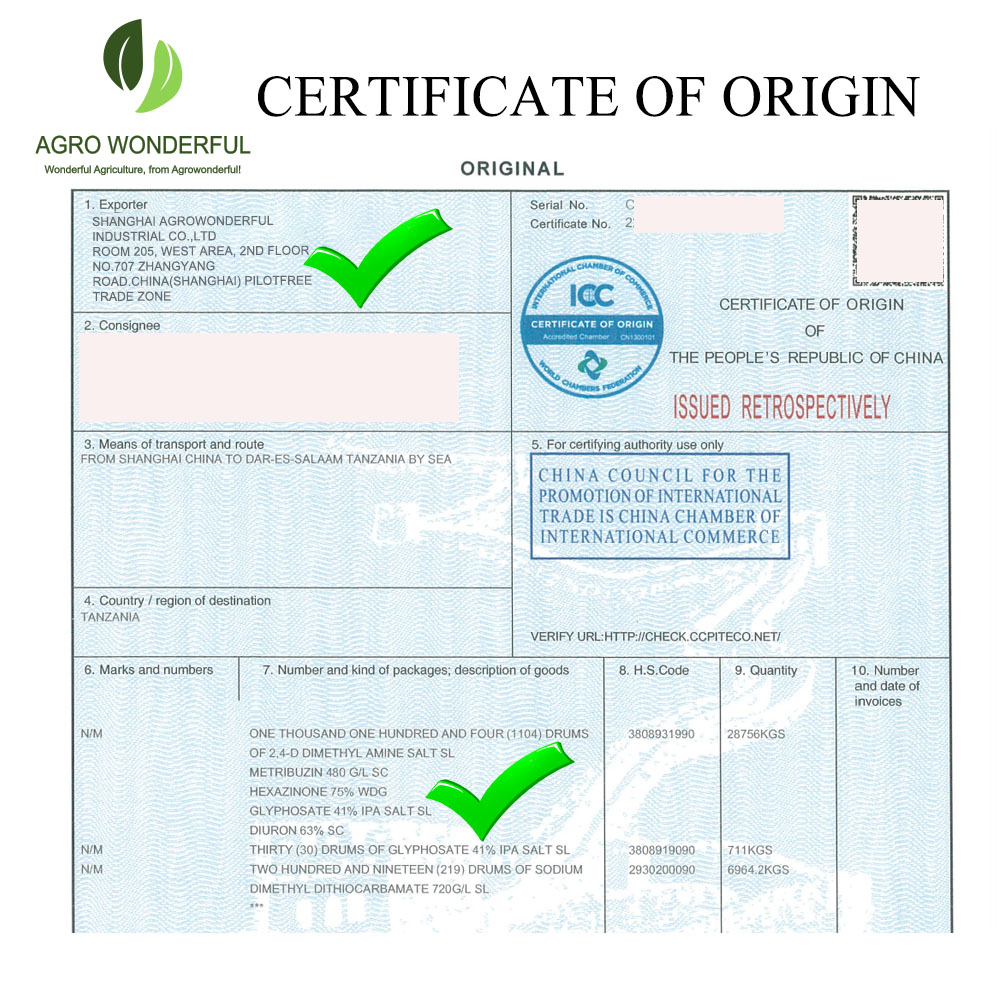 certificate of origin Diuron 63% SC made in PRC